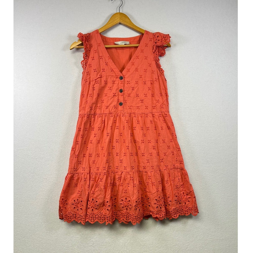 LOFT Coral Eyelet Tiered V Neck Button Front Dress Women's Size 0 100% Cotton